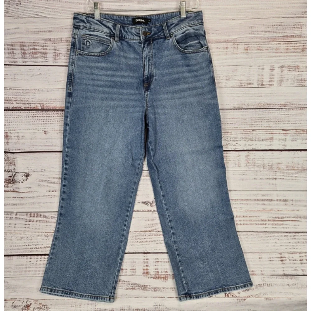 Desigual Women's Wide Leg Jeans US (12) High Waist Crop Med Rinse Preppy Boho